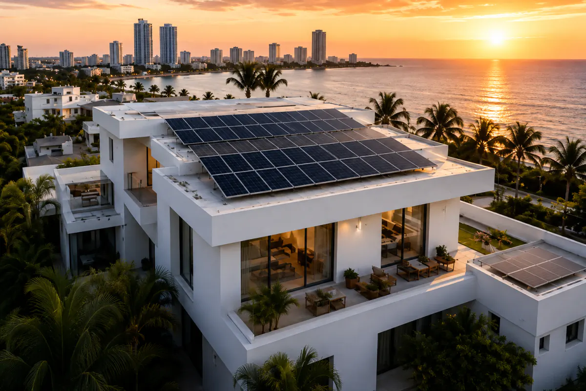 Casa moderna con paneles solares en la azotea frente al mar al atardecer, con edificios de la costa al fondo.