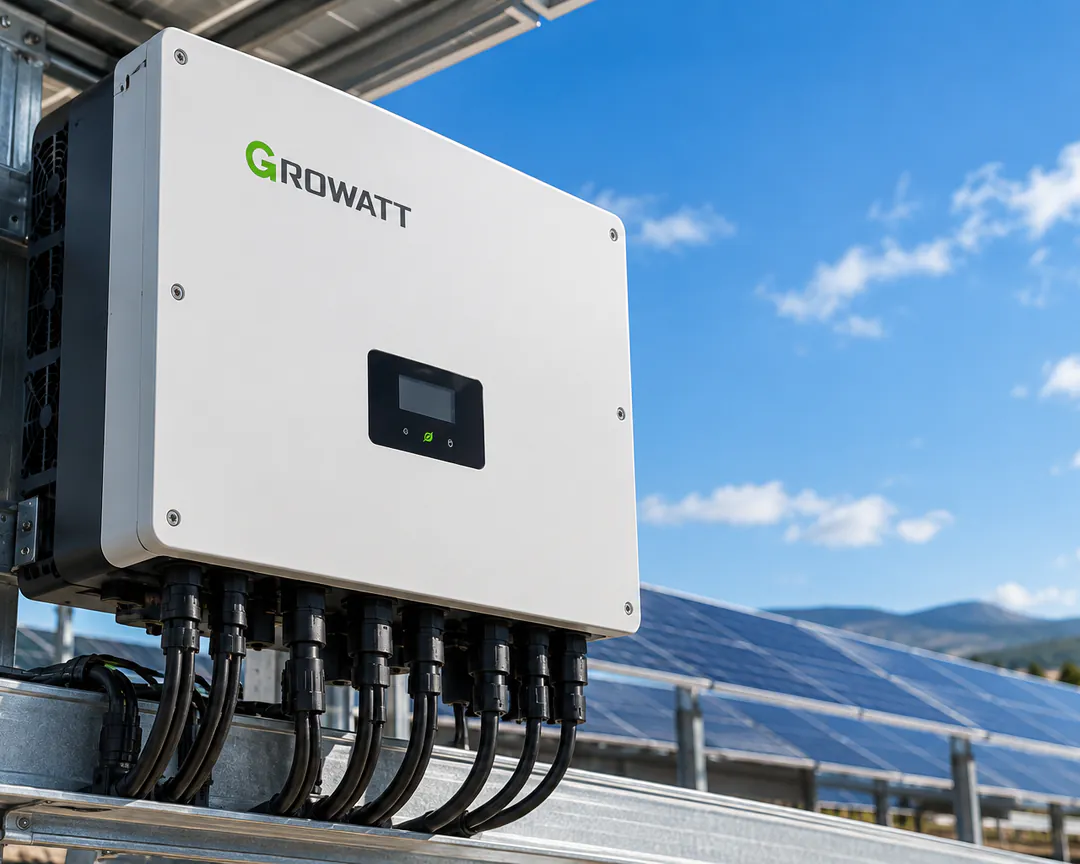 Inversor Growatt montado en la estructura de una granja solar, con sus cables conectados.