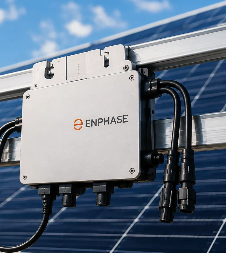 Microinversor Enphase montado en el riel de la estructura, sobre los paneles solares.