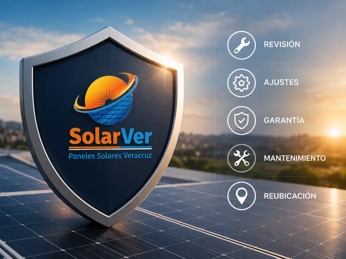 Escudo de SolarVer sobre paneles solares en una azotea al atardecer, junto a cinco servicios: revisión, ajustes, garantía, mantenimiento y reubicación.